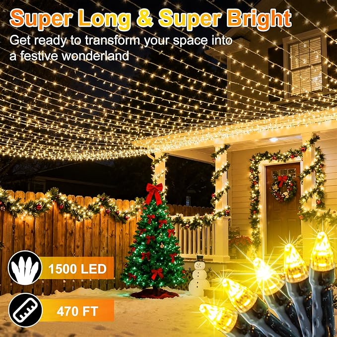 1500 LED 470FT Christmas String Lights Outdoor, 12 Modes and Timer Memory Dimmable, Plug in Waterproof Dark Green Wire Twinkle Fairy Light for for Xmas Yard Tree Wedding Party Decor (Warm White)