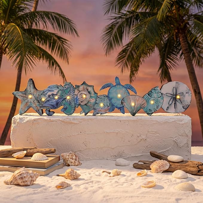 Yousoontic Summer Ocean Animals Table Centerpieces with LED Lights, 3D Wooden Coastal Decor Block, Nautical Under The Sea Sign Decor for Home Mantel Desk, Beach Themed Summer Holiday Party Decorations
