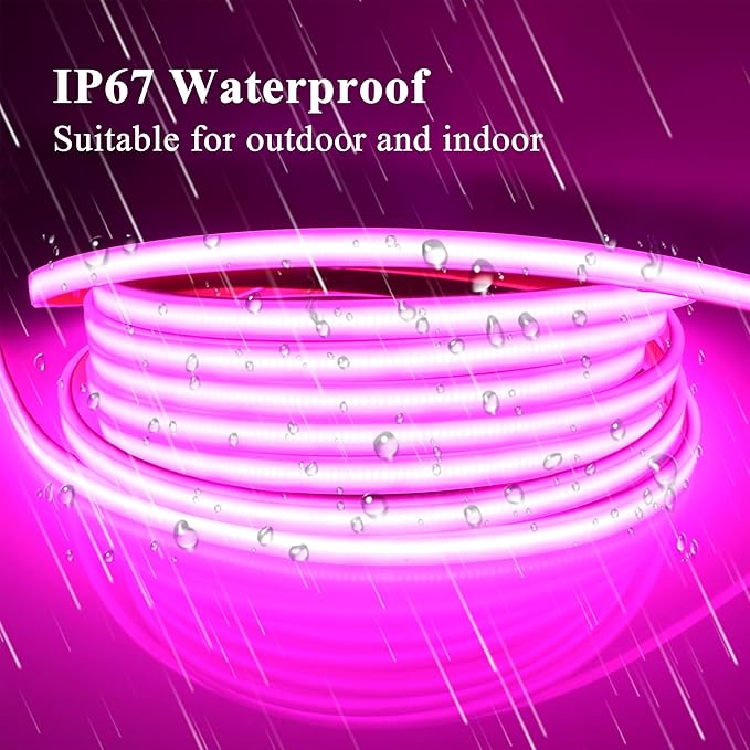 COB LED Strip Lights Pink 480LEDs/m DC12V 16.4ft/5m Waterproof IP67 High Density LED Rope Lights for Outdoor Cabinets Desks Party DIY Decor