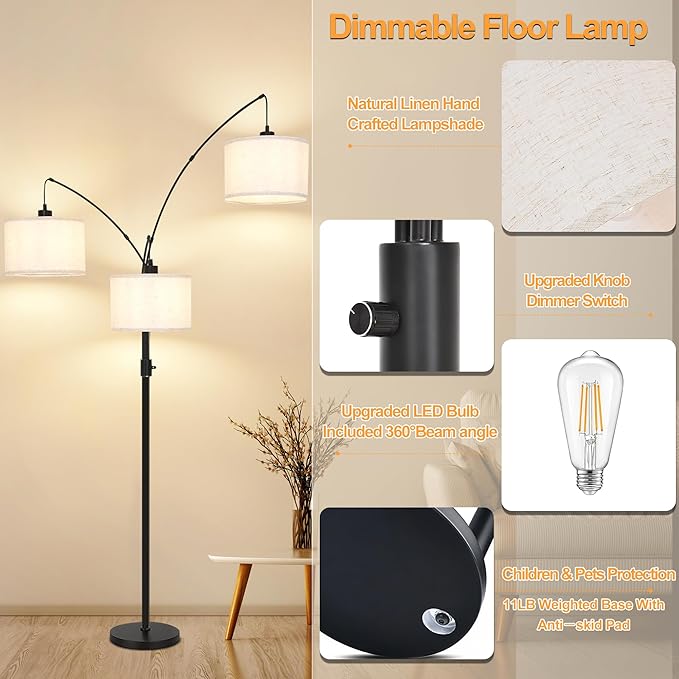 Dimmable Arc Floor Lamp-3 Lights Floor Lamps for Living Room,Modern Tall Standing Lamp with Beige Drum Shades&Heavy Base,Mid Century Tree Floor Lamp for Bedroom Corner Office,Bulbs Included