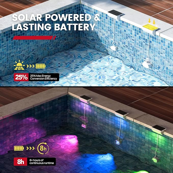 Enhulk Pool Lights with APP Control - 43+ Color Scenes & Timer, IP68 Waterproof Above Ground Pool Light,Poolside Solar Light, RGBW Solar Pool Lights for Garden, Pond, Patio (White 2-Pack)