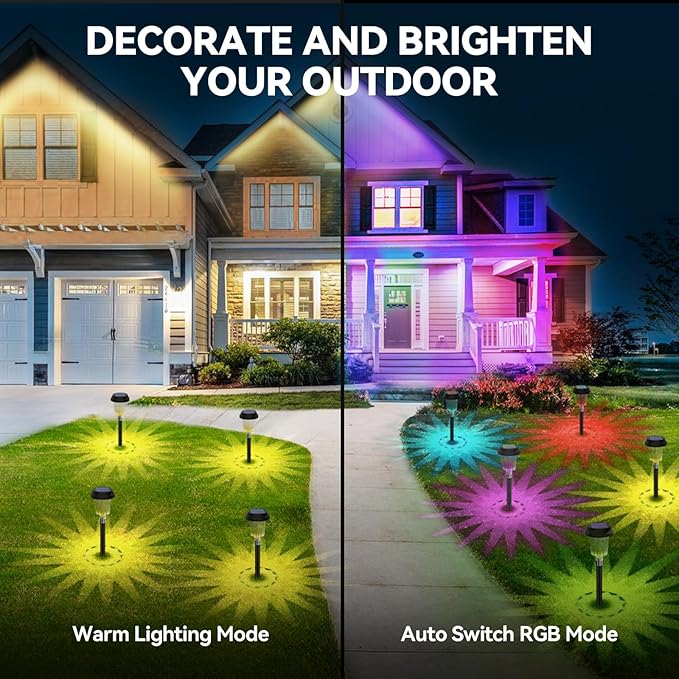TECKNET Solar Pathway Lights 8 Pack, Color Changing Solar Lights with Warm White & RGB Colored, IP68 Waterproof Colored Pathway Light Outdoor for Yard, Auto On/Off