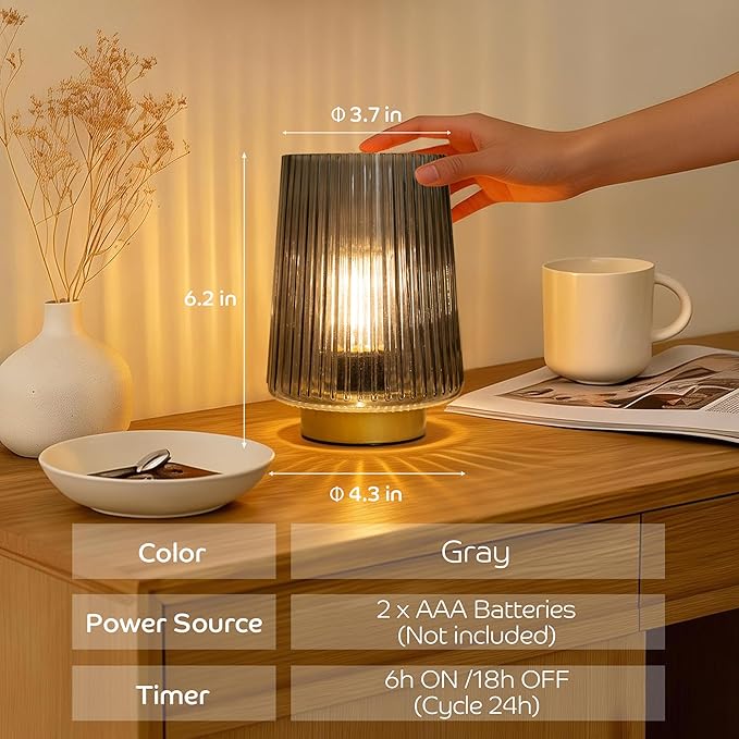 Battery Operated Lamp with Timer, Small Cozy Table Lamp for Dorm Room, Aesthetic Cordless Bedside Battery Lamp for Living Room/Shelf/Office Desk/Side Table Grey