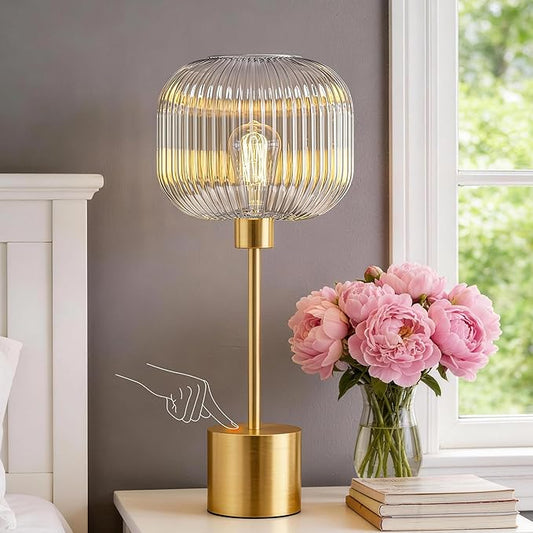 QiMH Glass Table Lamp for Living Room, Modern Bedside Lamp with Clear Ribbed Glass Shade, 3-Way Dimmable Touch Control Nightstand Lamp for Bedroom, Brushed Gold (2700K LED Bulb Included)