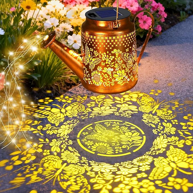 VOOKRY 2 Pack Butterfly Metal Solar Watering Can Lights, Solar Lights Outdoor Waterproof, Birthday Gifts for Women Mom Grandma, Hanging Lanterns Decorative Garden Decor for Outside Yard Patio Lawn