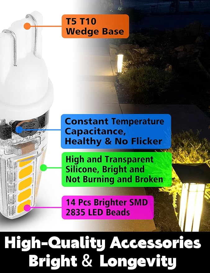 T5 T10 Wedge Base LED Landscape Bulbs 12 Volt Low Voltage 2W 300lm, DC10-30V/AC12-24V 2700K Warm White for Outdoor Landscape Path Deck RV Camper Lights, 10 Pack
