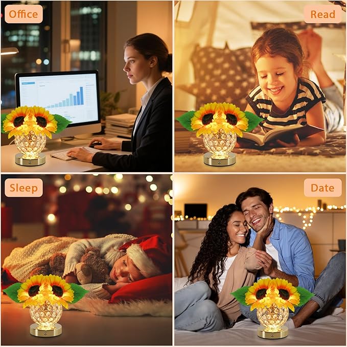 Sunflower Lamp, 3 Colors Desk Touch Control Lamp, Dimmable Fake Flower Crystal Night Light, Rechargeable Artificial Flower Lamp, Sun flower Bedside Lamps, Gifts for Mother Wife Girls Decor (Sunflower)
