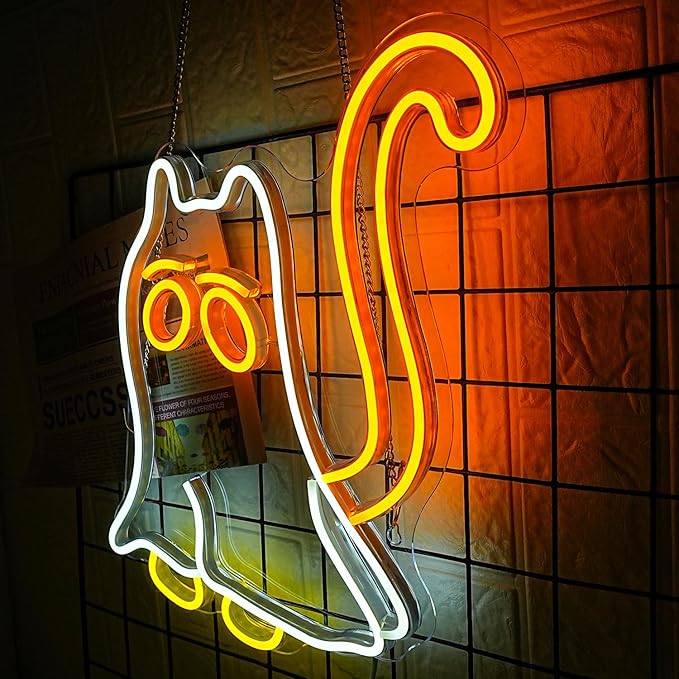 Cat Ghost Neon Sign Scary Ghost LED Neon Sign Dimmable Cat Mom Neon Light for Halloween Decor Animal Cat Ghost Neon Lights for Scary Bedroom Halloween Party