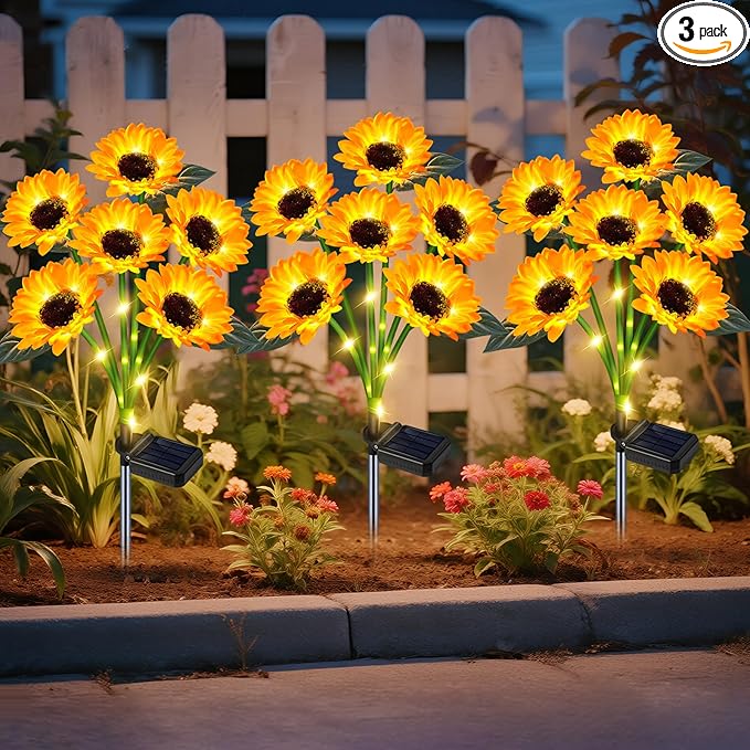Solar Outdoor Lights Garden Decor, 3 Pack Solar Sunflower Lights, 18 Waterproof Garden Decor Flower for Outside Yard Patio,Flower Bed, Pathway, Gift for Women, Mom, Grandma