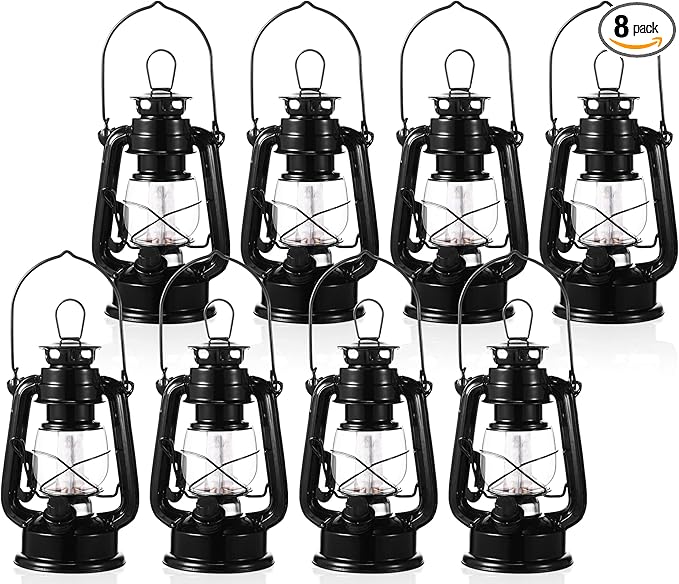 Hortsun 8 Pcs 8 Inch Vintage LED Hurricane Lantern Metal Black Outdoor Battery Operated Hanging Lantern with Warm LEDs and Dimmer Switch for Indoor Rustic Farmhouse Country Camping Decor