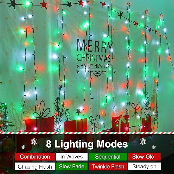 QITONG 165ft 500 LED Red White and Green String Lights, Christmas String Lights with Green Wire, 8 Modes Twinkle Lights Plug in