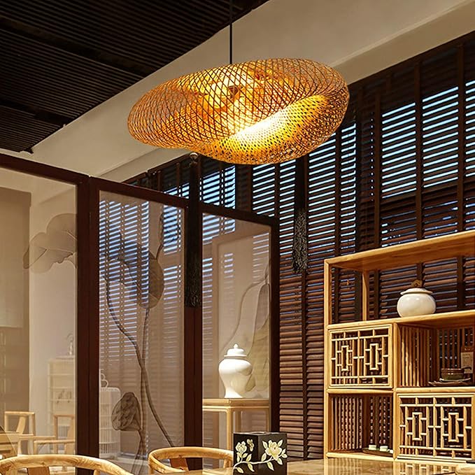 COSYLUX Farmhouse Rattan Pendant Light Fixture for Kitchen Island, Dining Room, 22'' Hand-Woven Bamboo Hanging Lamp, Rattan Chandelier Bird Nest Shape Pendant Light for Bar Cafe Living Room