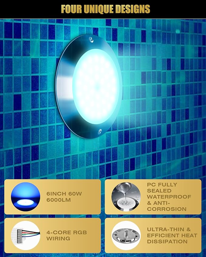 Goldlife P9-2 6Inch RGB Pool Light for Inground Pools 12V 60W 6000LM, 50ft Cord LED Underwater Pool Lights, IP68 Waterproof Swimming Pools Light, PC Pool Light Fixture (NOT Included Controllers)