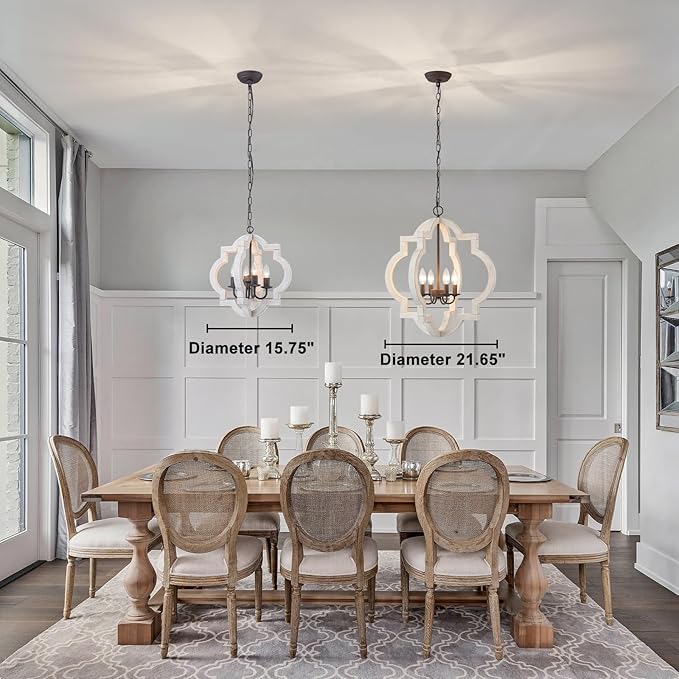 16" Oak Farmhouse Chandeliers for Dining Room Light Fixture Orb Distressed White Wood Pendant Light Kitchen Chandeliers Over Table Ceiling Hanging Light for Island Living Room Bedroom Entryway Foyer