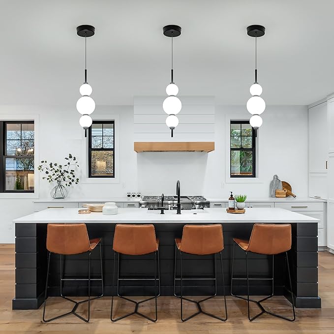 Modern Pendant Lights, Globe Pendant Lights with white Glass,Dimmable Black Pendant Light Fixtures,Adjustable Indoor Hanging Light Fixture for Kitchen Island, Dining Room,bedroom,15W,3000K-6000K