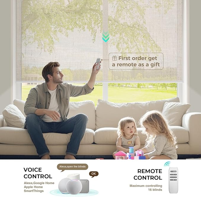 HeyBlinds Motorized Roller Shades, Smart Blinds for Windows, Remote Automatic Window Shades, Electric Shades, Light Filtering, Compatible with Alexa Google Apple Home (Starry-Latte LF)