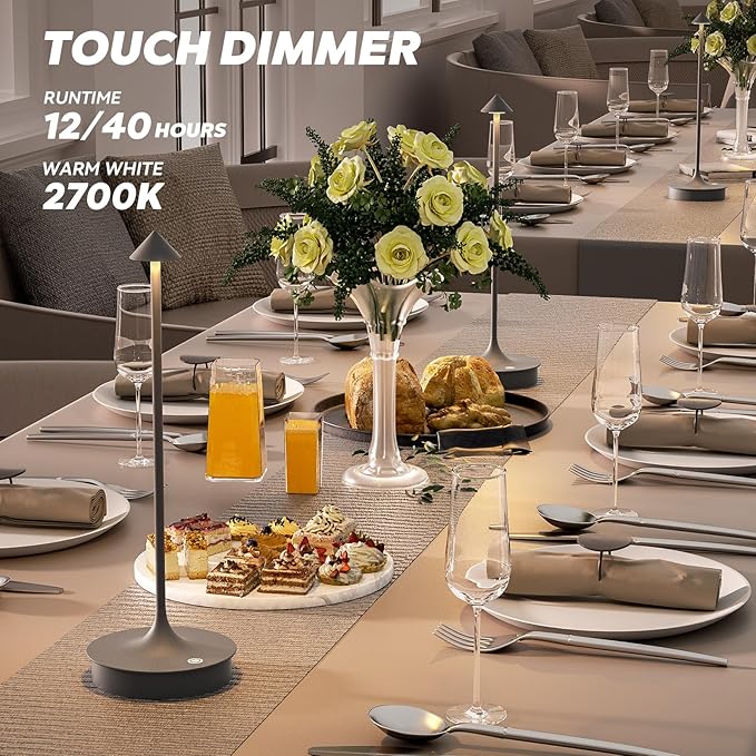 Set of 2 Small Cordless Table Lamp Rechargeable, Battery Operated Desk Lamp, 4000mAh LED Touch Lamp, Dimmable Portable Outdoor Waterproof Wireless Table Light for Restaurants/Bars/Outdoor(Gray)