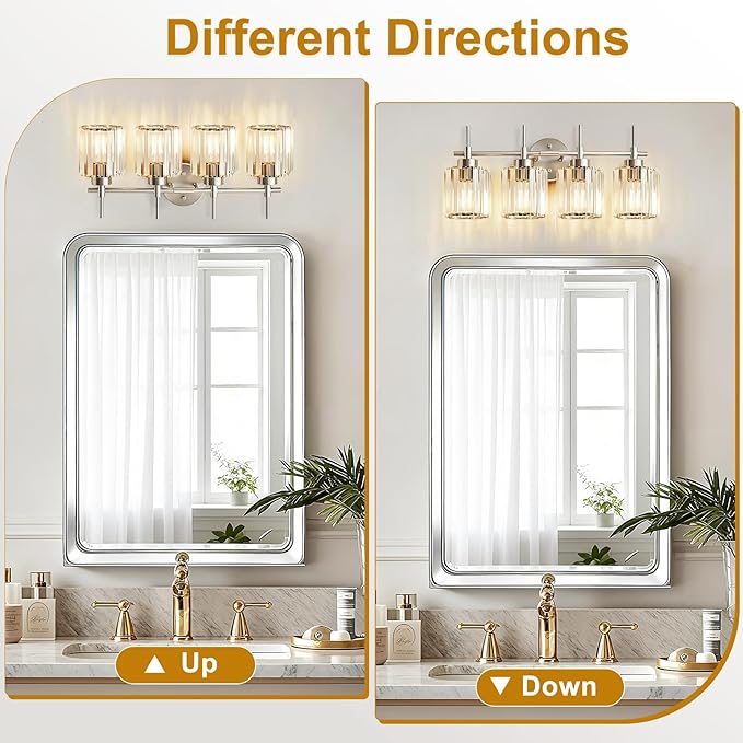 Crystal Bathroom Vanity Lights, 4 Light Bath Mirror Light Brushed Nickel Round Crystal Wall Mount Light Fixture Over Mirror Morden for Living Room