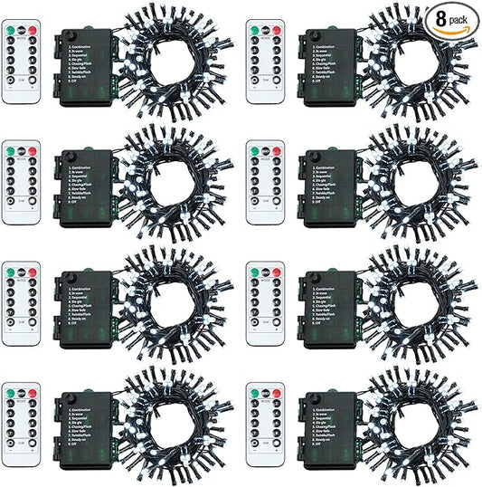 Tuanse 8 Pack Battery Operated Outdoor Christmas Tree String Lights,16.4 ft Mini Light Outdoor Christmas Lights with 50 Led of Dark Green Cable Lighting for Bedroom Garden Yard (White Light)