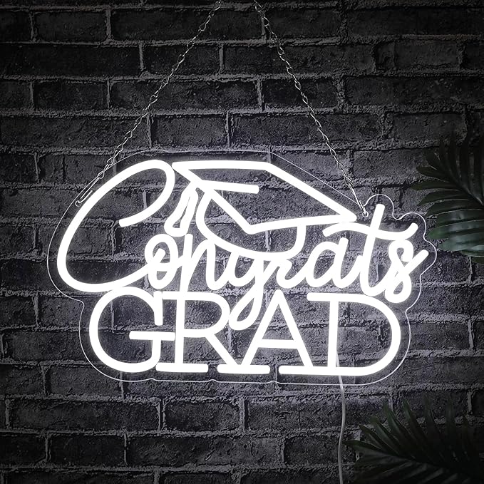 Congrats Grad Neon Sign for 2025 Graduation Decorations,16.5 x 9.9 IN White Dimmable Led Light Congrats Sign for Graduation Party Photo Backdrop Room Dorm Wall Decor Celebration Gifts