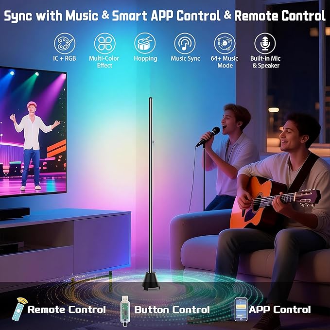 Led Corner Floor Lamp with Speaker, USB Powered Led Lamp App & Remote Control, Color Changing Music Sync IC+RGB, Timer, Music Mode Standing Lamps for Living Room Lamp Bedroom Gaming, 1 Pack