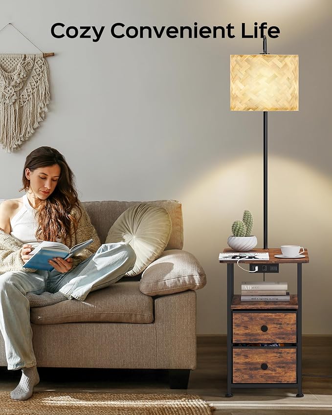 JACKYLED Floor Lamp with Table & 2 Drawers, 3 Color Temperature End Table Flood Lamps with Charging Station (USB, Type-C, AC), Vintage Side Table with Lamp for Reading, Bedroom, Living Room