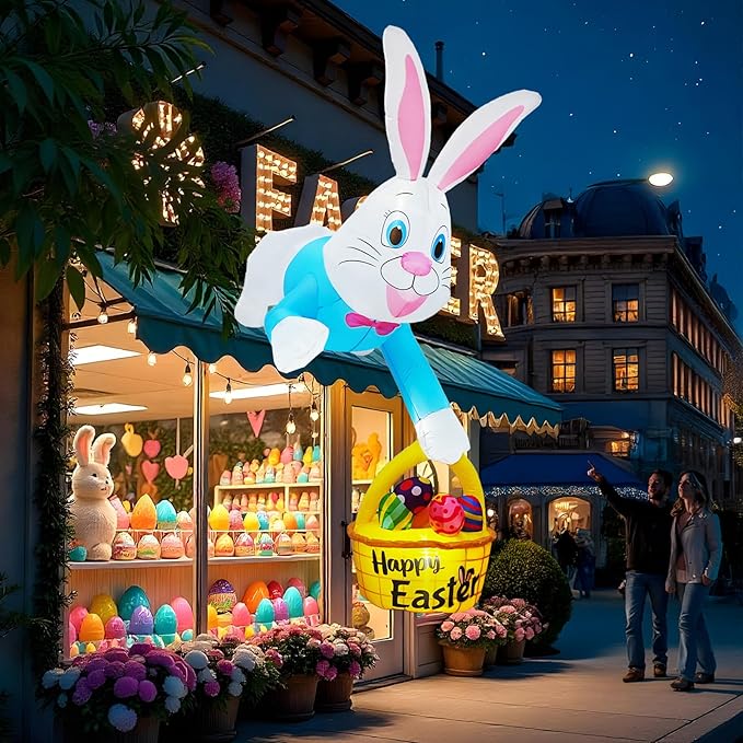 OurWarm 8FT Easter Inflatables Outdoor Decorations, Climbing Bunny with Eggs and Basket, Easter Blow Up for Outside Spring Lawn Yard Roof Decor