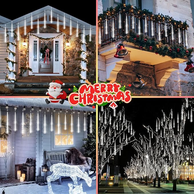 KNONEW 2Pack Total 48 Tube Meteor Shower Lights,15 in 672 LEDs Christmas Lights Outdoor Waterproof Plug in Falling Rain Light for Xmas Tree Wedding Party Garden Holiday Decorations (Cool White)