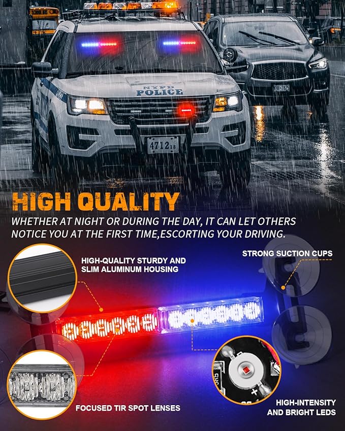 XRIDONSEN 2x 10.7 inch Red Blue Police Lights 24 LED Emergency Strobe Lights Warning Flashing Safety Side Window Front/Rear Windshield Light Grill Surface Mount for Law Enforcement Vehicles Trucks Car