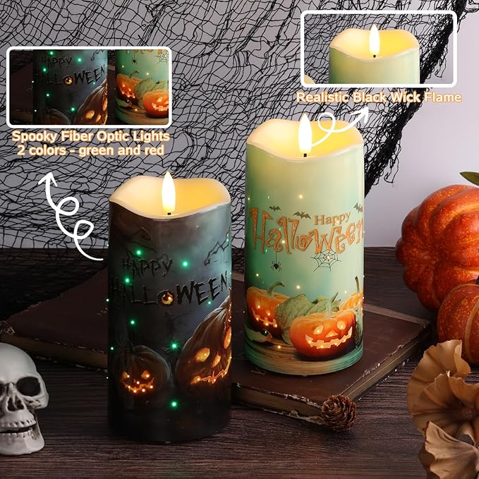 Eywamage Fiber Optic Halloween Flameless Candles, Spooky Pumpkin LED Pillar Candles with Remote, Battery Operated, Set of 2