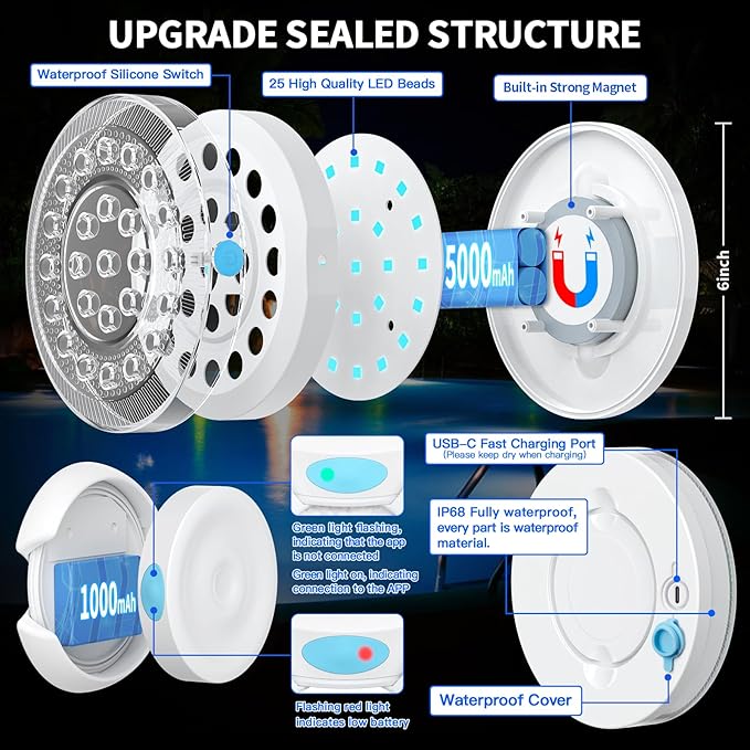 Smart Magnetic Underwater LED Light for Aboveground/Inground Pools - Rechargeable, BT APP Control, IP68 Waterproof, Color Changing, Sound/Music Sync Pool Accessories