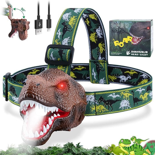 Dinosaur Headlamp for Kids Flashlight Rechargeable Led Headlights Roar & Silent Mode, T-Rex Dinosaur Toys for Kids 3-5 4-6 5-7 6-8, Camping Gear, Easter Gifts for Boys Girls Adults