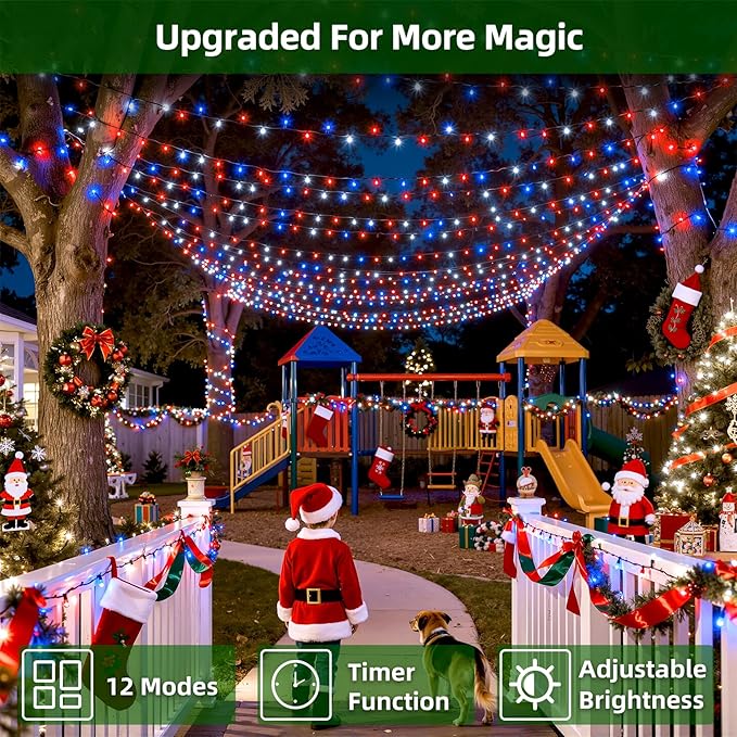 300LED Christmas Lights Outdoor Indoor Use, 12 Lighting Modes 75ft Christmas Tree Lights with Timer, Dimmable Plug in Red White and Blue LED StringLights Waterproof for Yard Tree Wedding Party Holiday