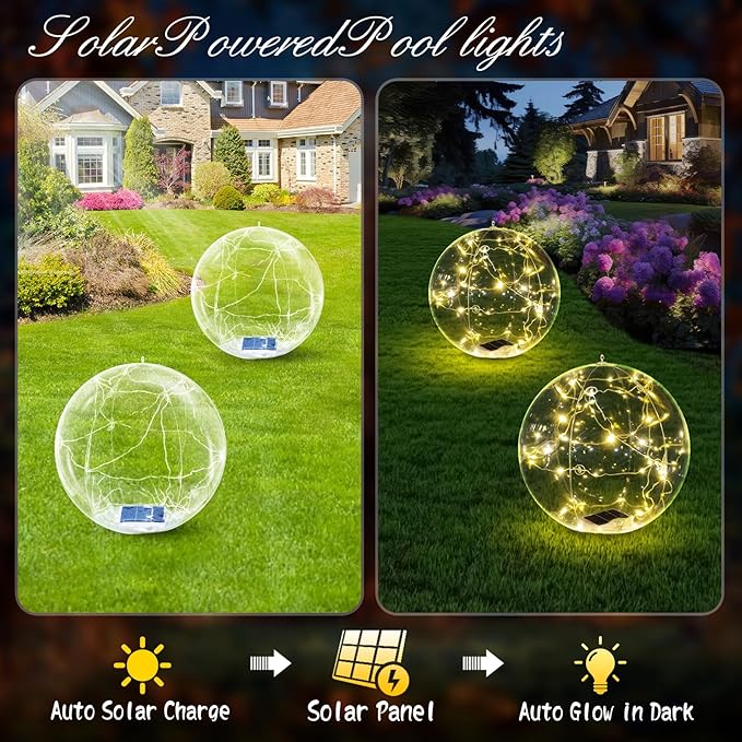 Floating Pool Lights, 15 Inch Warm White Solar Pool Light That Float, IP68 Waterproof Inflatable Light Up Pool Balls, Float or Hang Solar Floating Lights for Pool, Wedding, Party Decor - 1PC
