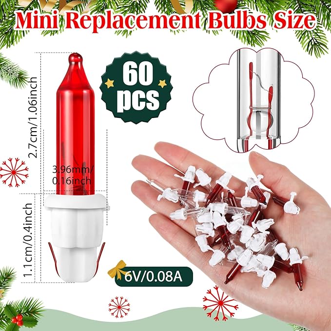 Mudder 60 Count Christmas Replacement Mini Light Bulbs with Base Christmas Tree Incandescent Wire String Lights Replacement Bulbs for Xmas Indoor Outdoor Decoration(Red and Warm White,6vx0.08a)