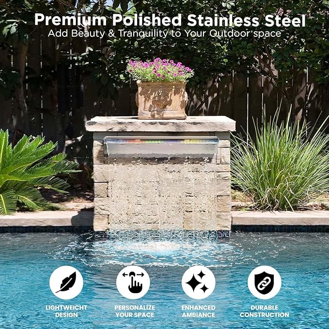 Pool Fountain Stainless Steel Waterfall with LED Lights - 35.4" LED Strip Remote Control with 18 Colors, Smooth Water Flow & Cascade Blade, Easy Installation for Outdoor, Garden, Patio & Ponds