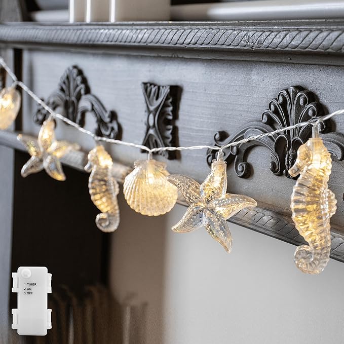 YOLIGHT Seashell Starfish Seahorse String Lights Timer 6.5ft 10 LED Ocean Fairy Lights Battery Operated Under The Sea Decoration for Tropical Nautical Theme Party Beach Wedding Kids Room Décor