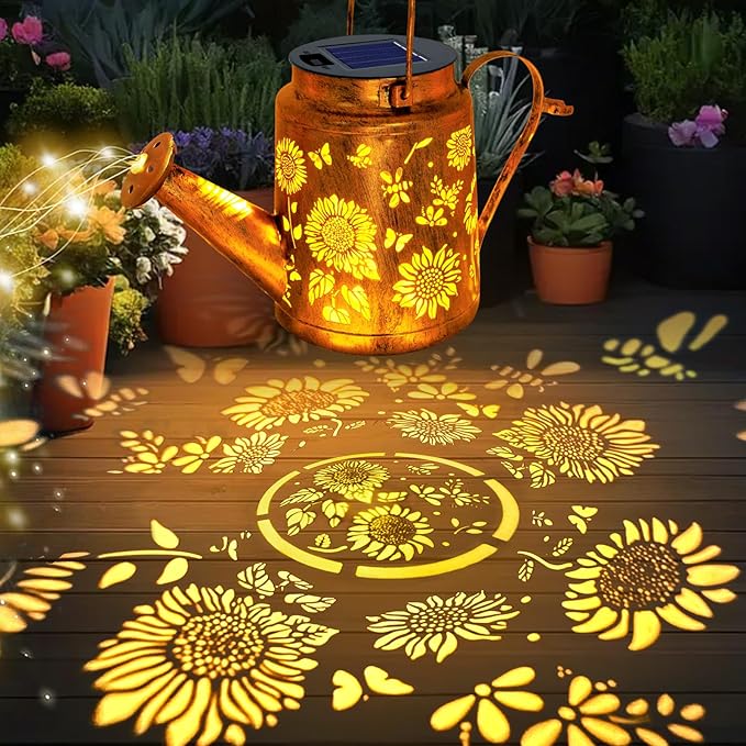 ANGMLN 2 Pack Solar Lights Outdoor Waterproof, Sunflower Solar Watering Can Lights with Shepherd Hook, Birthday Gifts for Mom Grandma Women, Metal Hanging Lantern Garden Decor Yard Outside Patio
