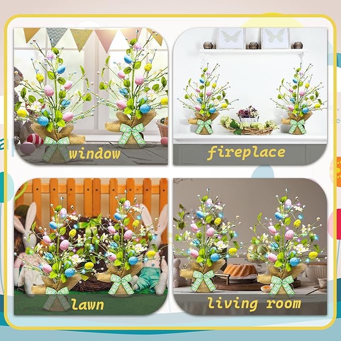 Lighted Easter Decorations 20'' Egg Tree for Tabletop Decor, Timer Egg Tree Ornaments, Easter Artificial Tree for Centerpiece Table Indoor Outdoor Spring Home Decorations