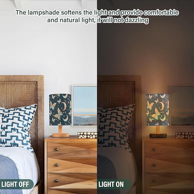 Watercolor Colorful Butterflies and Moon Stars Bedside Table Lamps with USB Port for Bedroom Lamp Accent Table Lamp Small Nightstand Lamp Linen Shade Wooden Decorative Lamps for Home|Kids|Dome