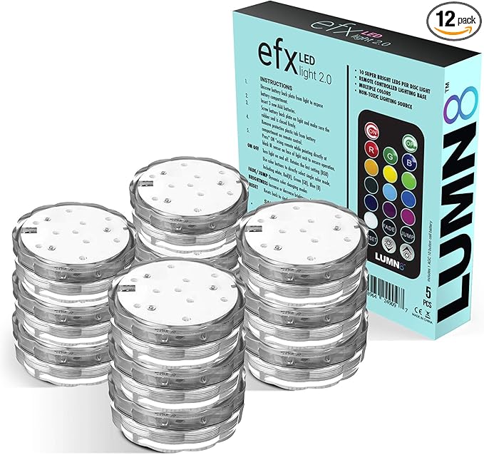 LUMN8 EFX by Boundery - Multicolor Accent Submersible, Waterproof LED Lights - Premium Indoor & Outdoor Battery Operated Lights - LED Puck Light for Events, Patio, Pool, Hot Tub, Shower - 12-Pack