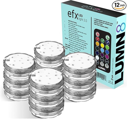 LUMN8 EFX by Boundery - Multicolor Accent Submersible, Waterproof LED Lights - Premium Indoor & Outdoor Battery Operated Lights - LED Puck Light for Events, Patio, Pool, Hot Tub, Shower - 12-Pack