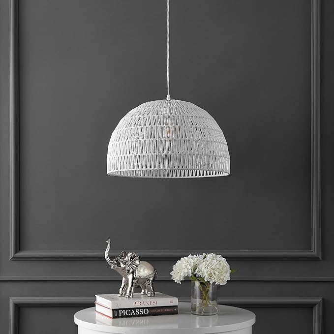 JONATHAN Y 20" White Modern Bohemian Woven Rope LED Pendant Light Fixture, Adjustable Dome Ceiling Lamp for Kitchen Island, Rope Shade, Coastal Farmhouse Decor (JYL6504E)