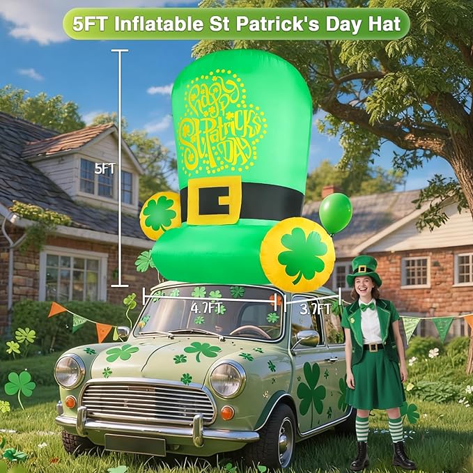 St Patricks Day Inflatables Outdoor Decorations 5FT Green Leprechaun Hat Blow Up Yard Car Roof Saint Patrick's Hats with Shamrock Party St. Pattys Inflatable Holiday Garden Patio Décor
