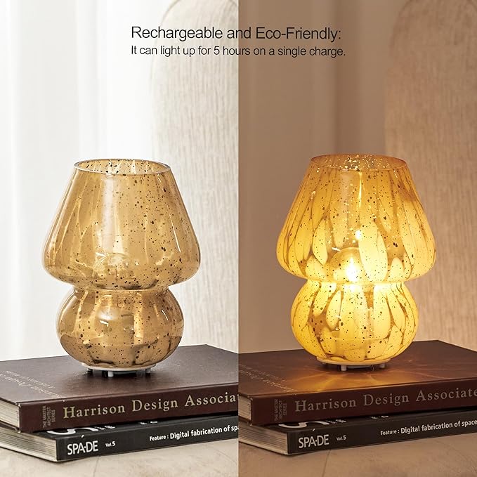 Glass Mushroom Lamp Cordless Table Lamp for Bedroom, Small Desk Bedside Lamps for Living Room, Mushroom Decor Cute Mini Modern Lamps Battery Operated for Night Stands, Aesthetic Home Living Room Decor