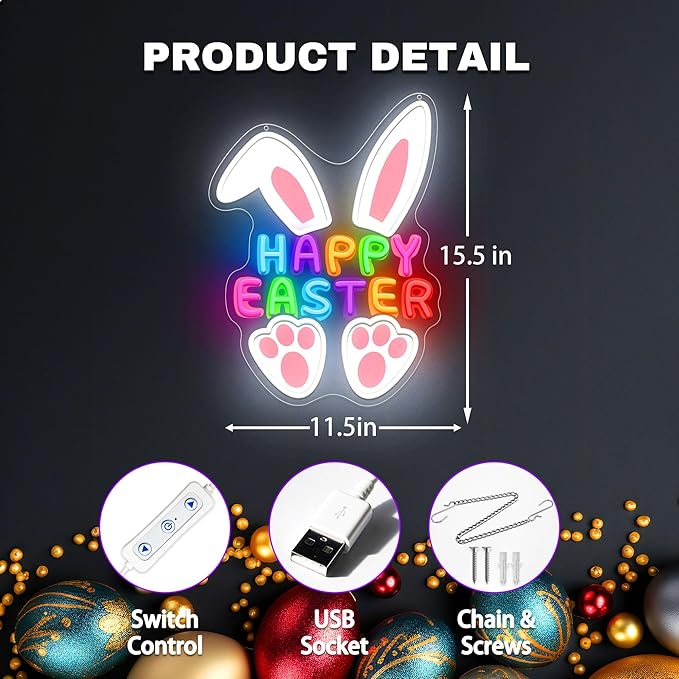 CULISER Happy Easter Neon Signs for Wall Decor, LED Bunny Egg Neon Light with USB Dimmable, Glowing Decor for Easter Party, Church, Kids Room, Home & Friend Gifts
