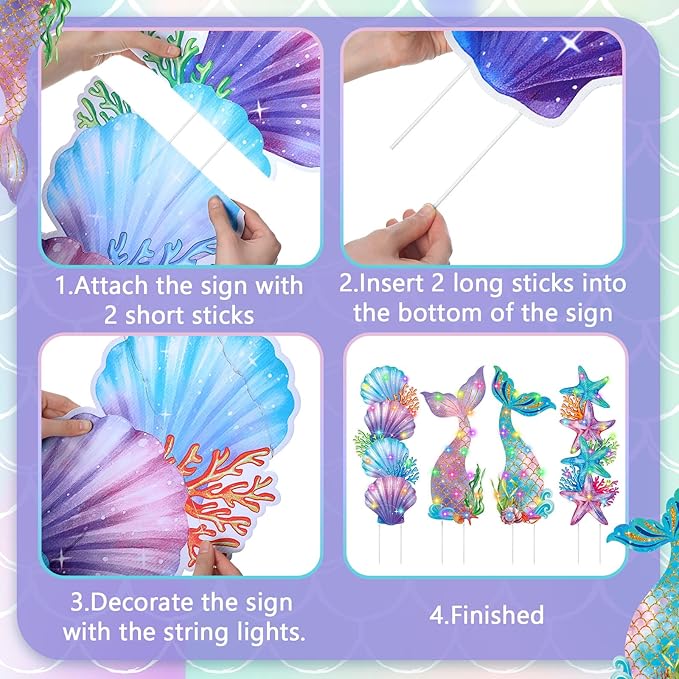 Bencailor 4 Pcs Mermaid Tails Outdoor Decorations Mermaid Seashell Starfish Yard Stake Signs with LED Light Large Ocean Theme Birthday Party Supplies for Outdoor Lawn Patio Garden Stand Decor