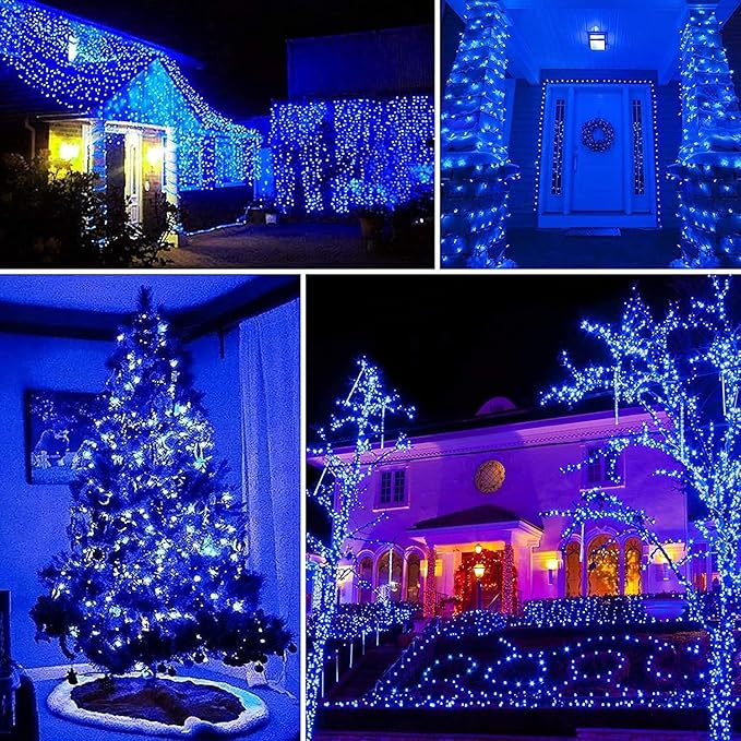 QITONG Blue Solar Christmas Lights, 4 Pack Each 33ft 100 LED Fairy Lights Outdoor Waterproof, 8 Modes Silver Wire Twinkle Mini Lights