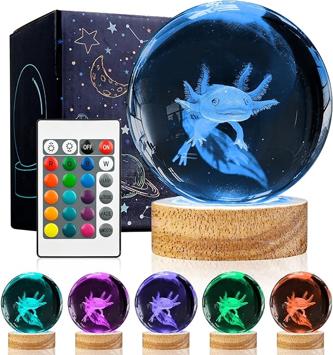 3D Axolotl Crystal Ball Night Light with Remote, Upgraded 3.15 Inch Axolotl Glass Ball Lamps with 16 Color LED Wooden Base for Birthday Holiday Xmas, Cool Axolotl Toy Decor Gifts for Boys Girls Kids