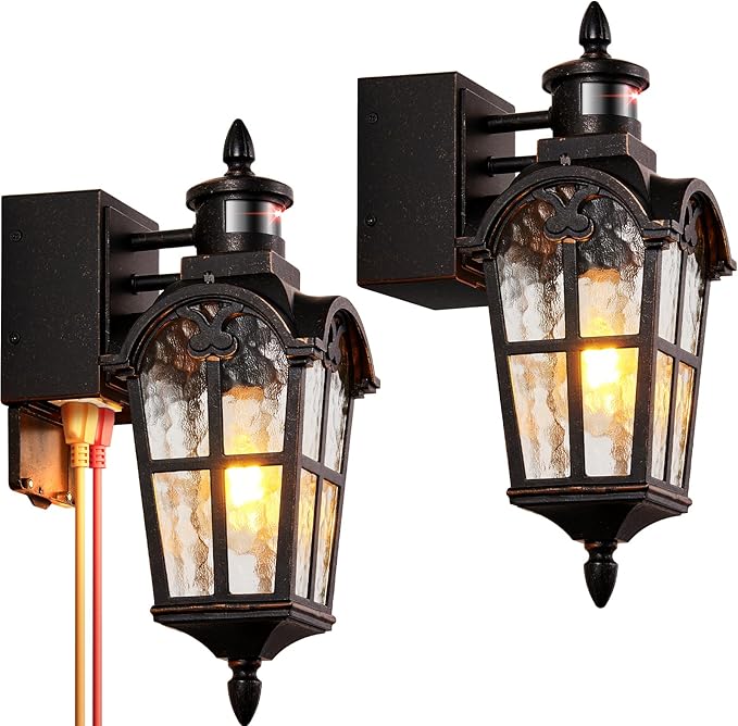 16.4" Motion Sensor Outdoor Lights with GFCI Outlet, 2-Pack ORB Outdoor Porch Light with Water Ripple Glass, 4-Modes Waterproof and Anti-Rust Dusk to Dawn Outdoor Lighting for Garage Patio